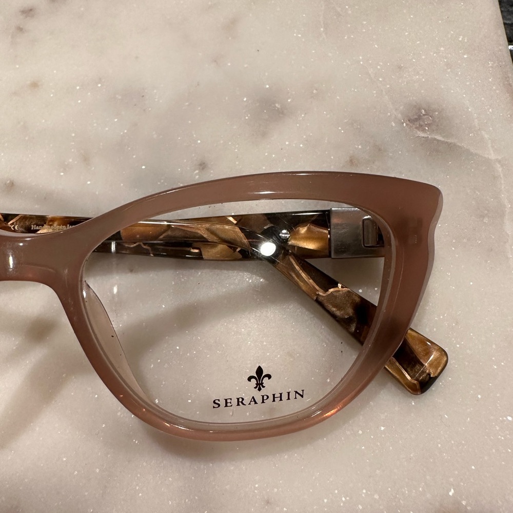 Seraphine perscription eyeglasses frames, blush/nude with metallic detail, NWT